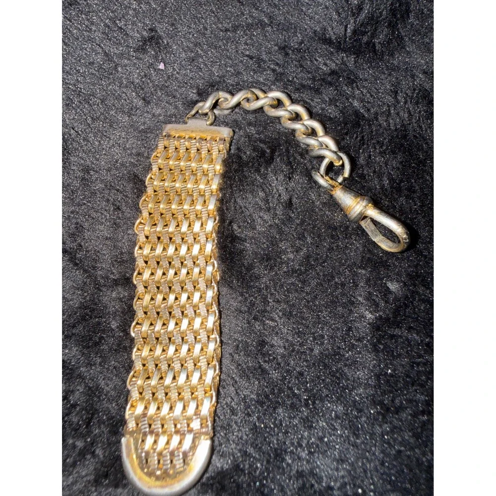 Vintage Two Tone Mesh Pocket Watch Fob Chain Mixed Metal Swivel Dog Clip